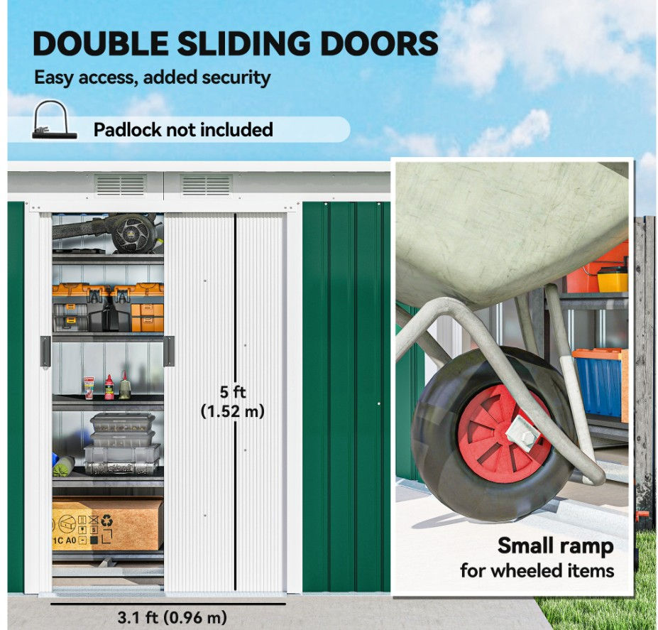 Thumbnail: 9ft x 4ft Metal Garden Storage Shed Tool House with Sliding Door