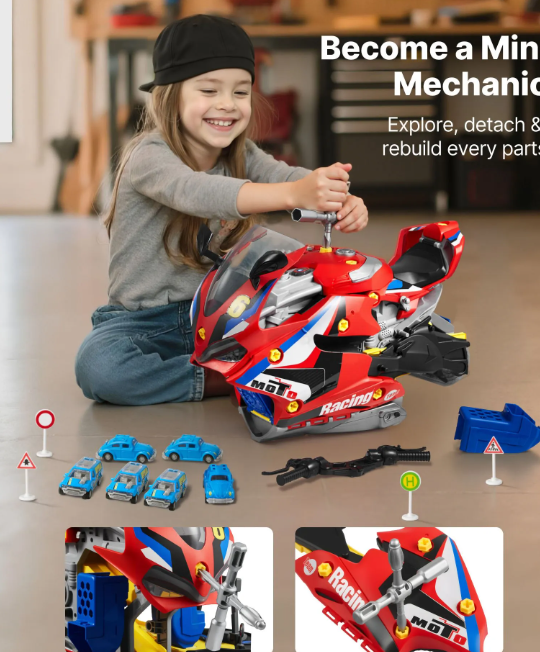 Thumbnail: Kids Motorcycle Engine Mechanic Workshop Toy 25 Piece STEM Repair & Racing Set