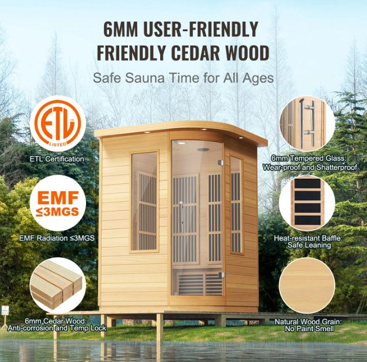 Thumbnail: Far Infrared Wooden Sauna for 2 People – 2000W Indoor Home Sauna with Bluetooth,