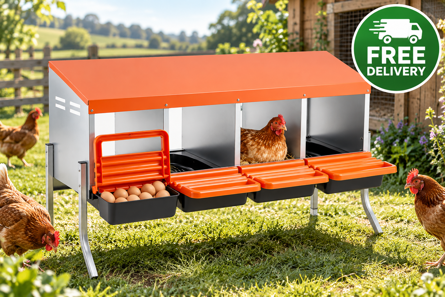 4 Compartment Chicken Nesting Box with Support Legs – Roll Away Egg Collection