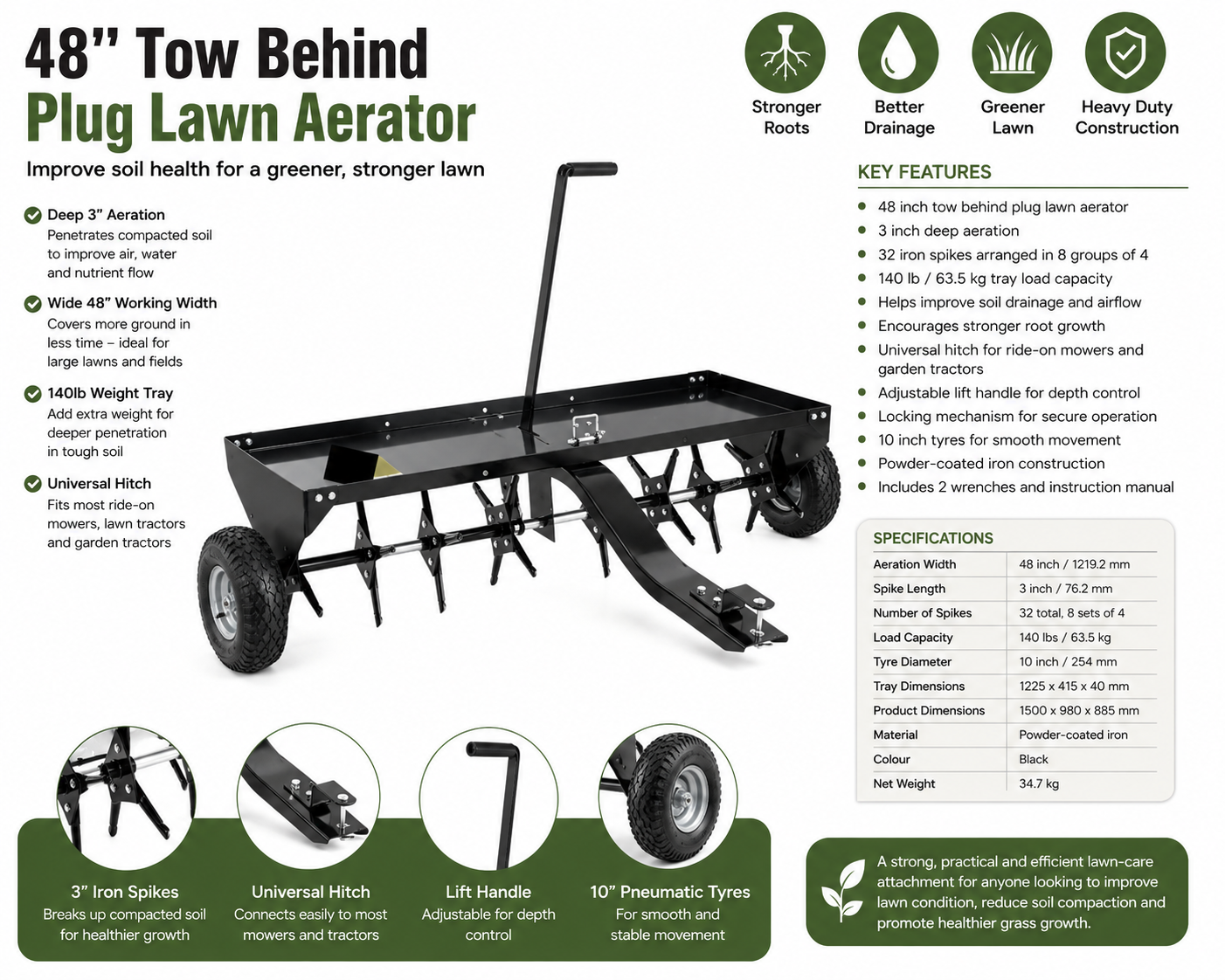 48 Inch Tow Behind Plug Lawn Aerator with Universal Hitch 140lb Capacity