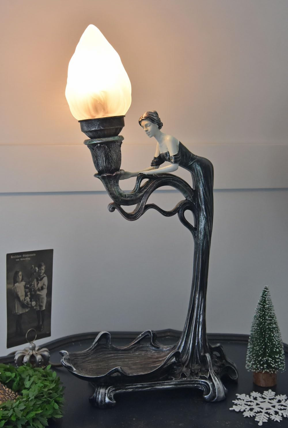 GLAMOROUS TABLE LAMP ART NOUVEAU WOMAN SCULPTURE VINTAGE GLAMOROUS TABLE LAMP