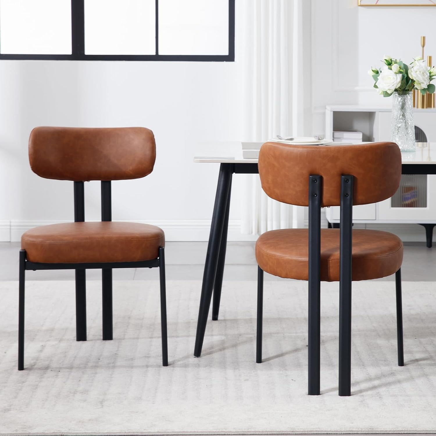 Set of 2 PU Leather Dining Chairs  Brown Modern Comfort with Sturdy Metal Frame