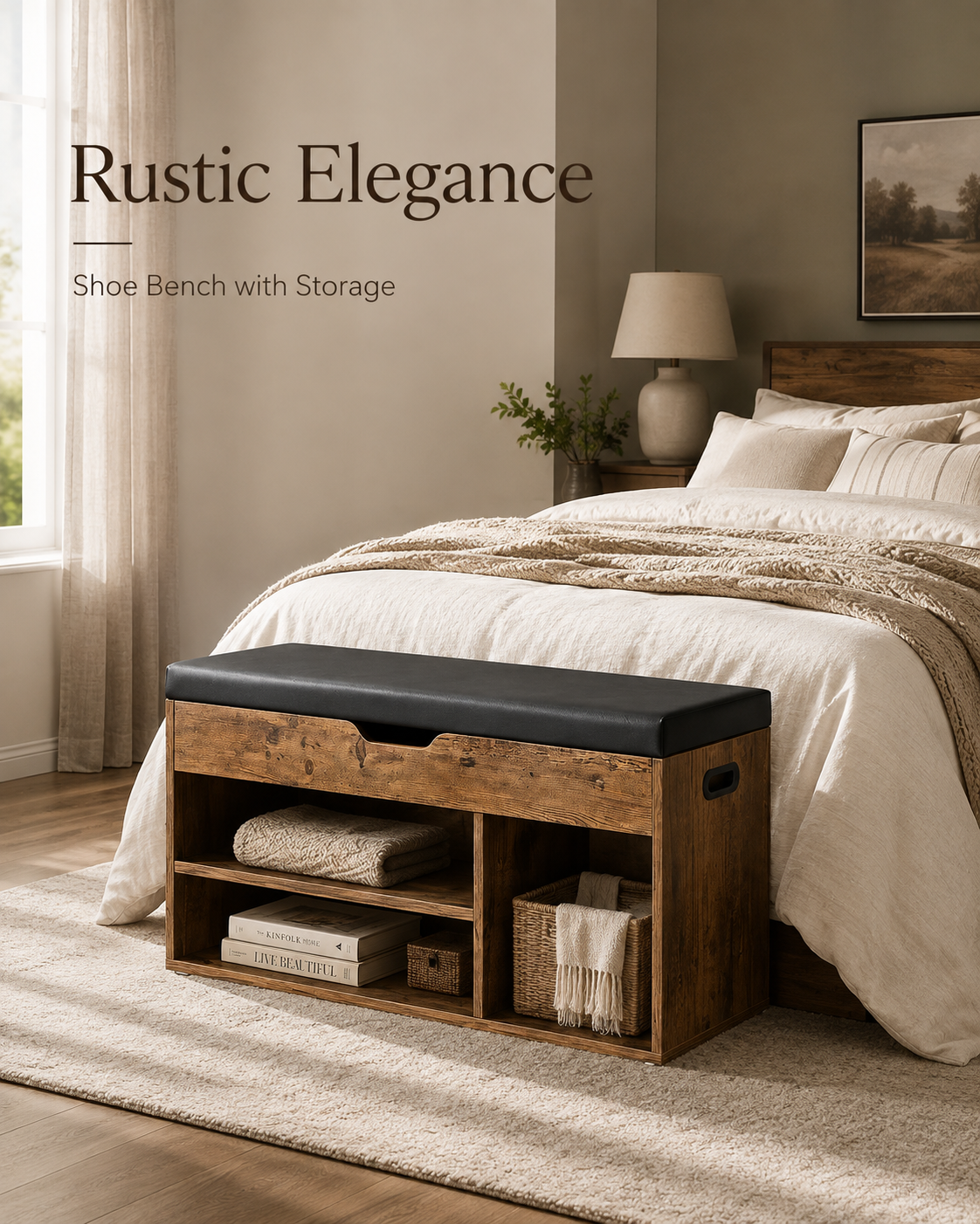Shoe Storage Bench with Padded Seat Rustic Brown and