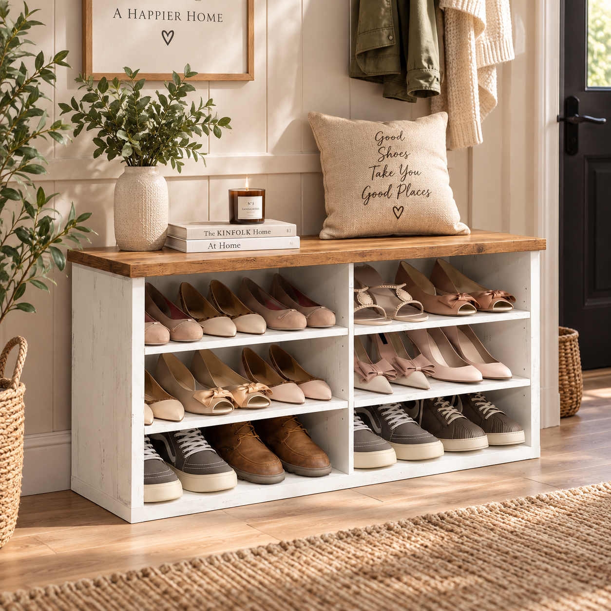 Shoe Storage Bench with Adjustable Shelves – Vintage White & Honey Brown