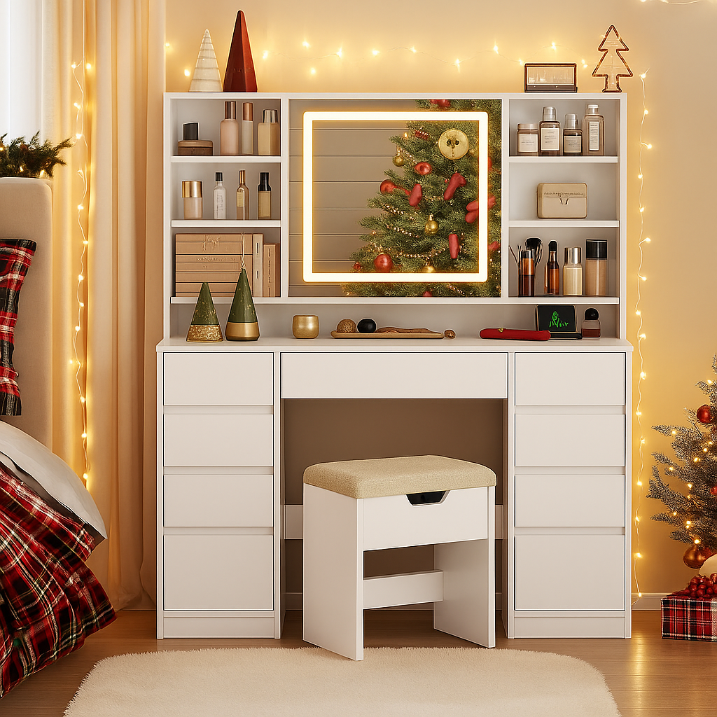 Dressing Table with Mirror and LED Lights and stool