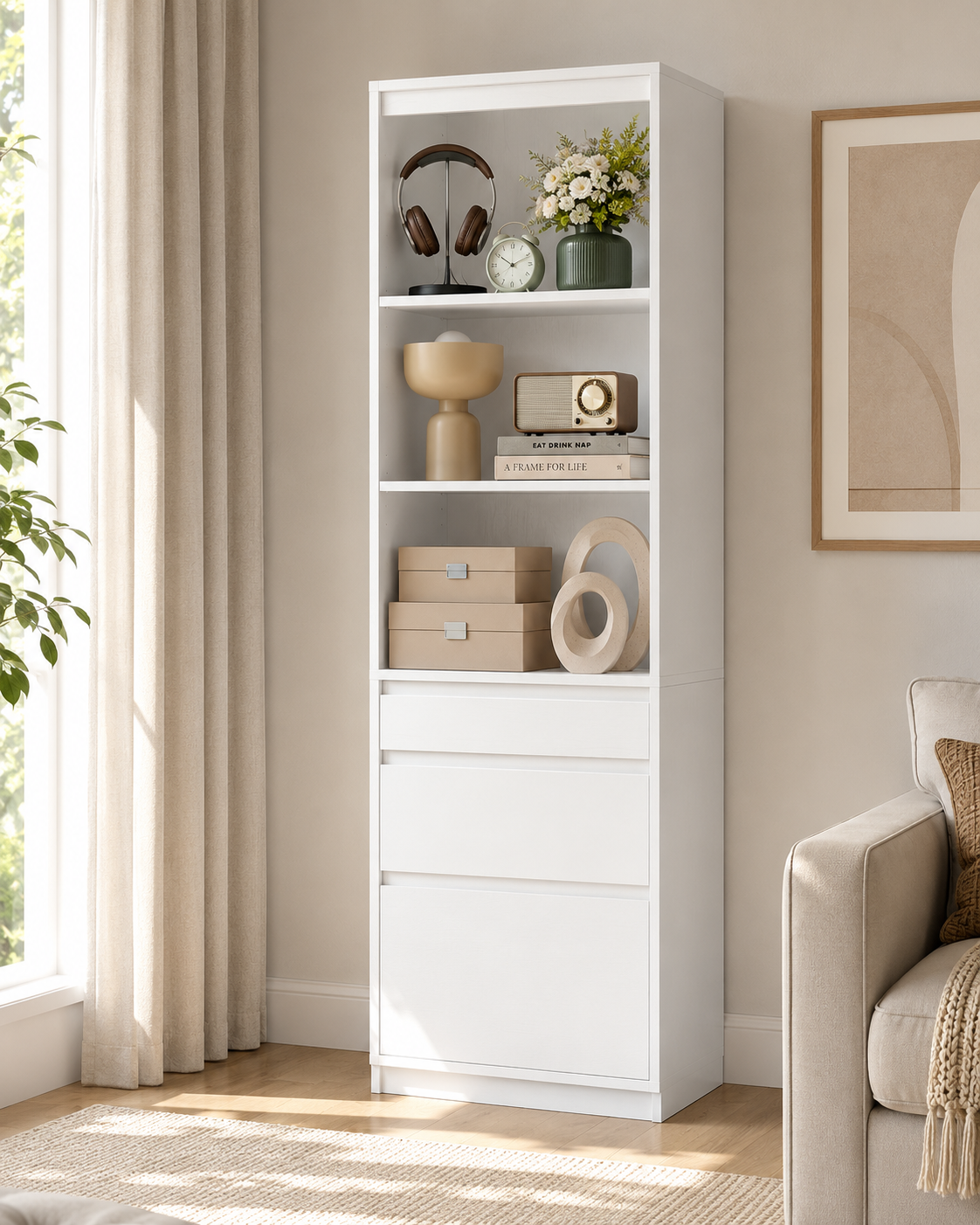 Tall White Bookcase with Drawers Storage Cabinet 180cm