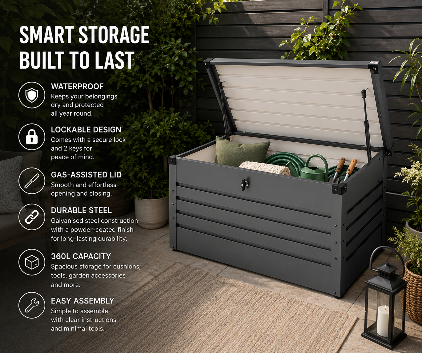 Metal Garden Storage Box 360L Waterproof Lockable Outdoor Storage Chest