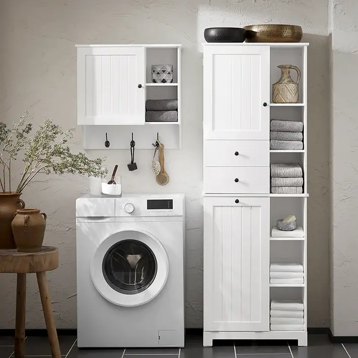 Thumbnail: Bathroom Cabinet Tall white with fold out laundry collector bag