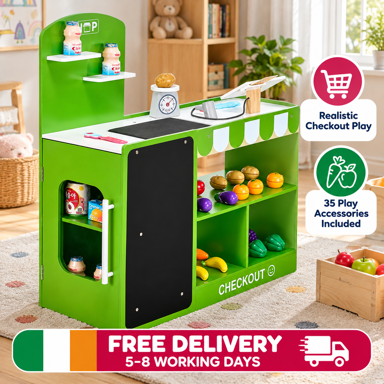 Kids Wooden Grocery Store Playset with Checkout Counter, Conveyor Belt