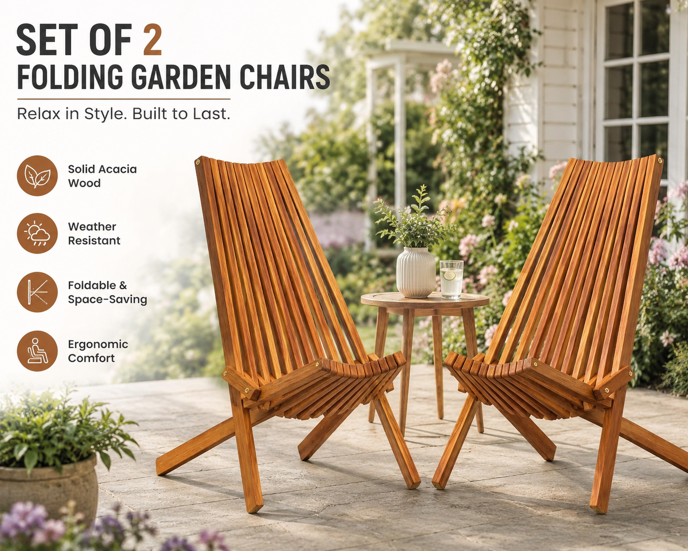 Set of 2 Folding Acacia Wood Garden Chairs – Weather-Resistant Outdoor Patio
