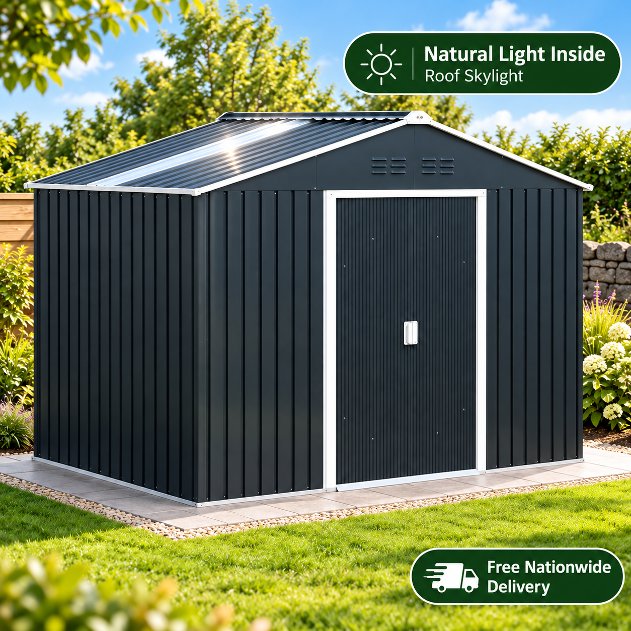 Large Galvanised Steel Garden Shed with Skylight & Floor Frame