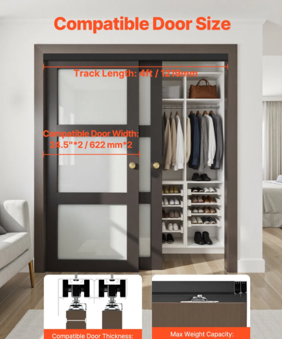 Thumbnail: 4ft Sliding Closet Door Hardware Kit Aluminium Double Door Track