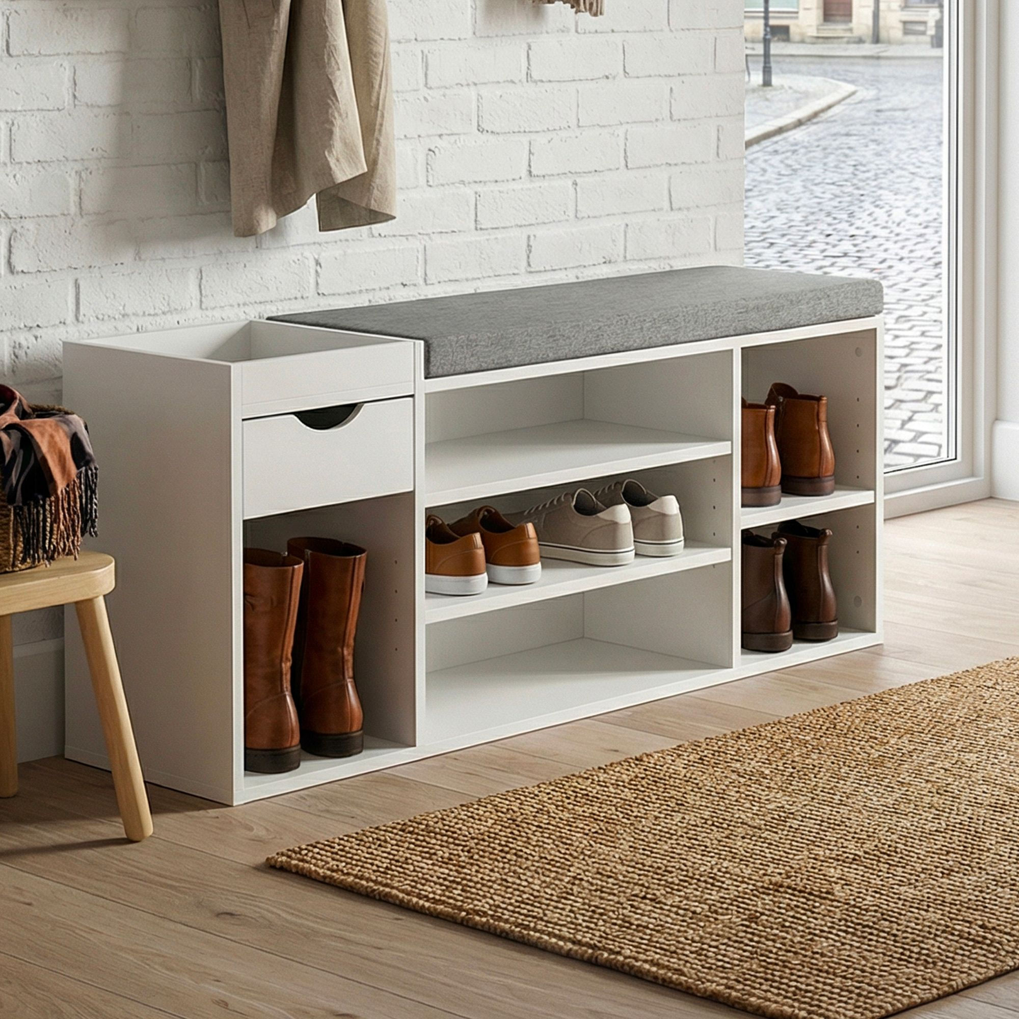 Shoe Storage Bench with Cushion & Drawer