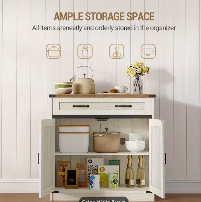 Thumbnail: Rustic White & Brown Kitchen Sideboard Cabinet – Farmhouse Style Storage Unit