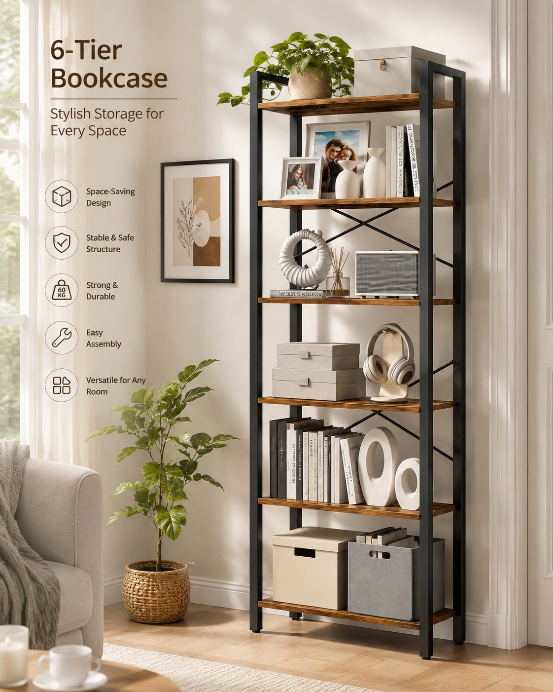 Bookcase with 6 levels in industrial design