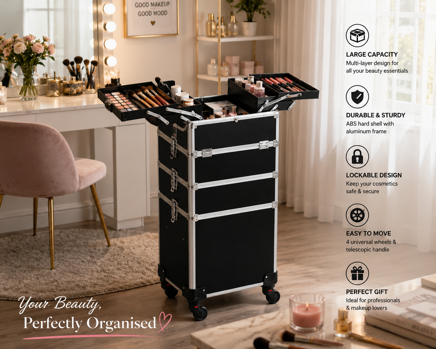 Professional Rolling Makeup & Beauty Case on Wheels
