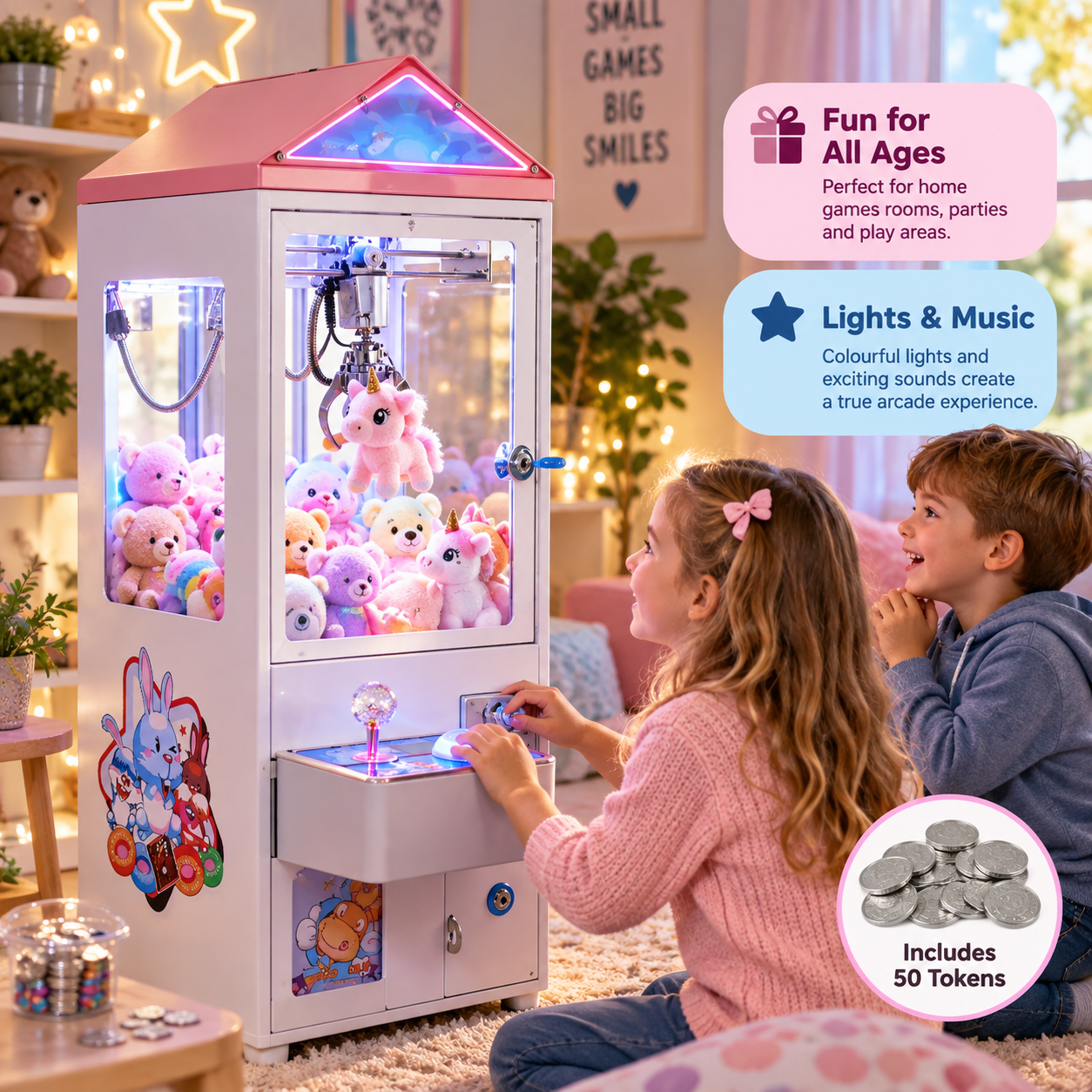 Coin-Operated Claw Machine with Lights, Music & 50 Tokens