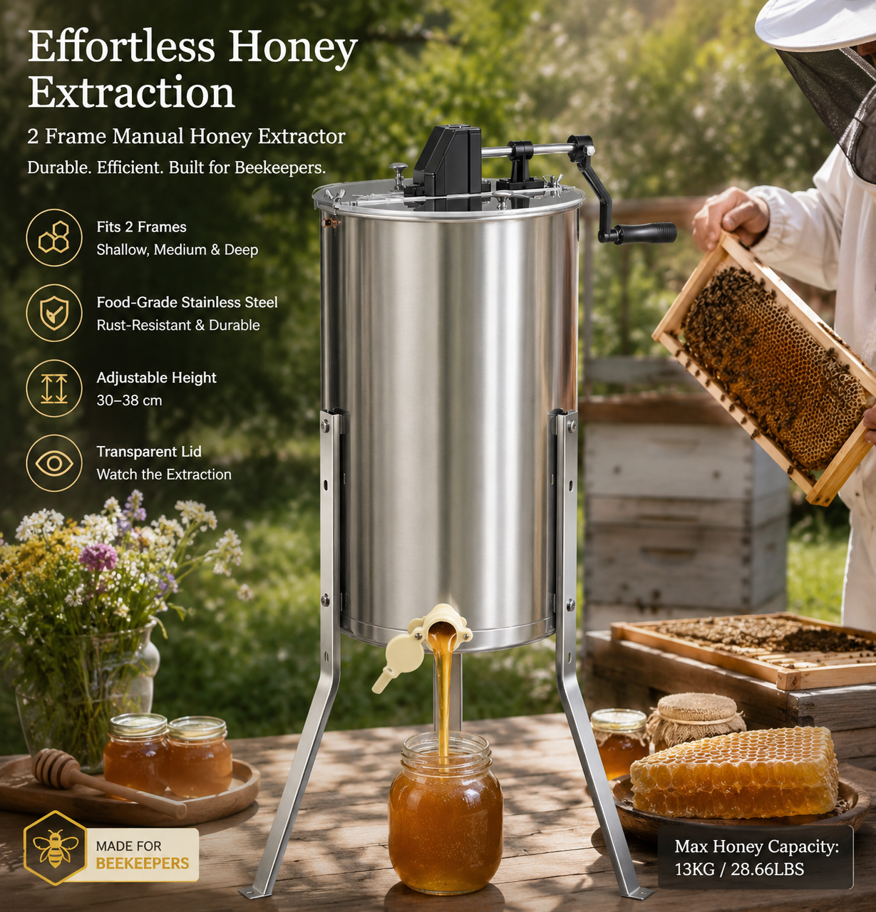2 Frame Manual Honey Extractor – Stainless Steel Honey Spinner with Adjustable L