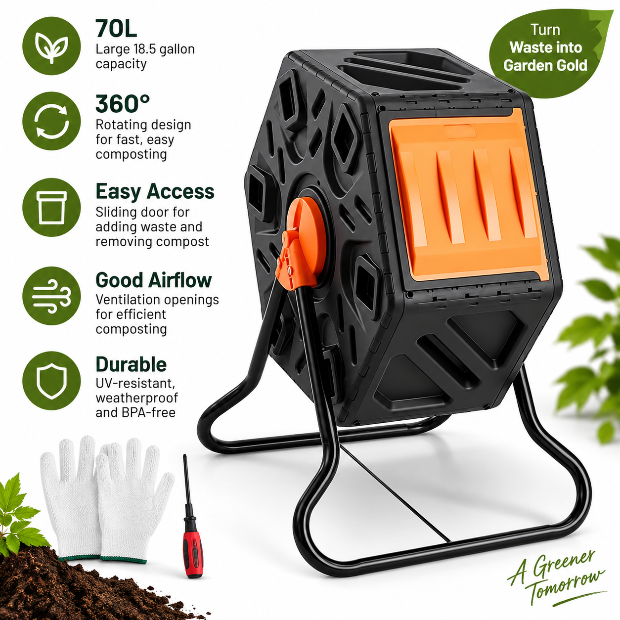 Compost Bin, 18.5-Gal Small Composting Tumbler, Compact