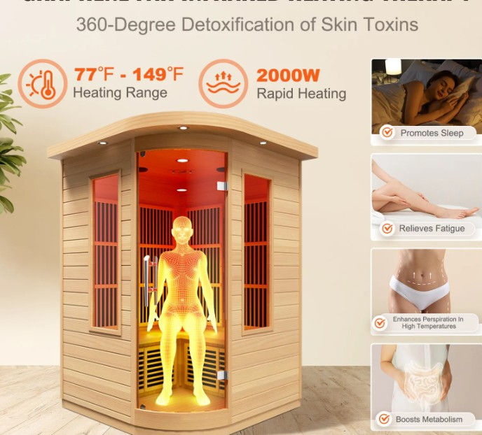 Thumbnail: Far Infrared Wooden Sauna for 2 People – 2000W Indoor Home Sauna with Bluetooth,