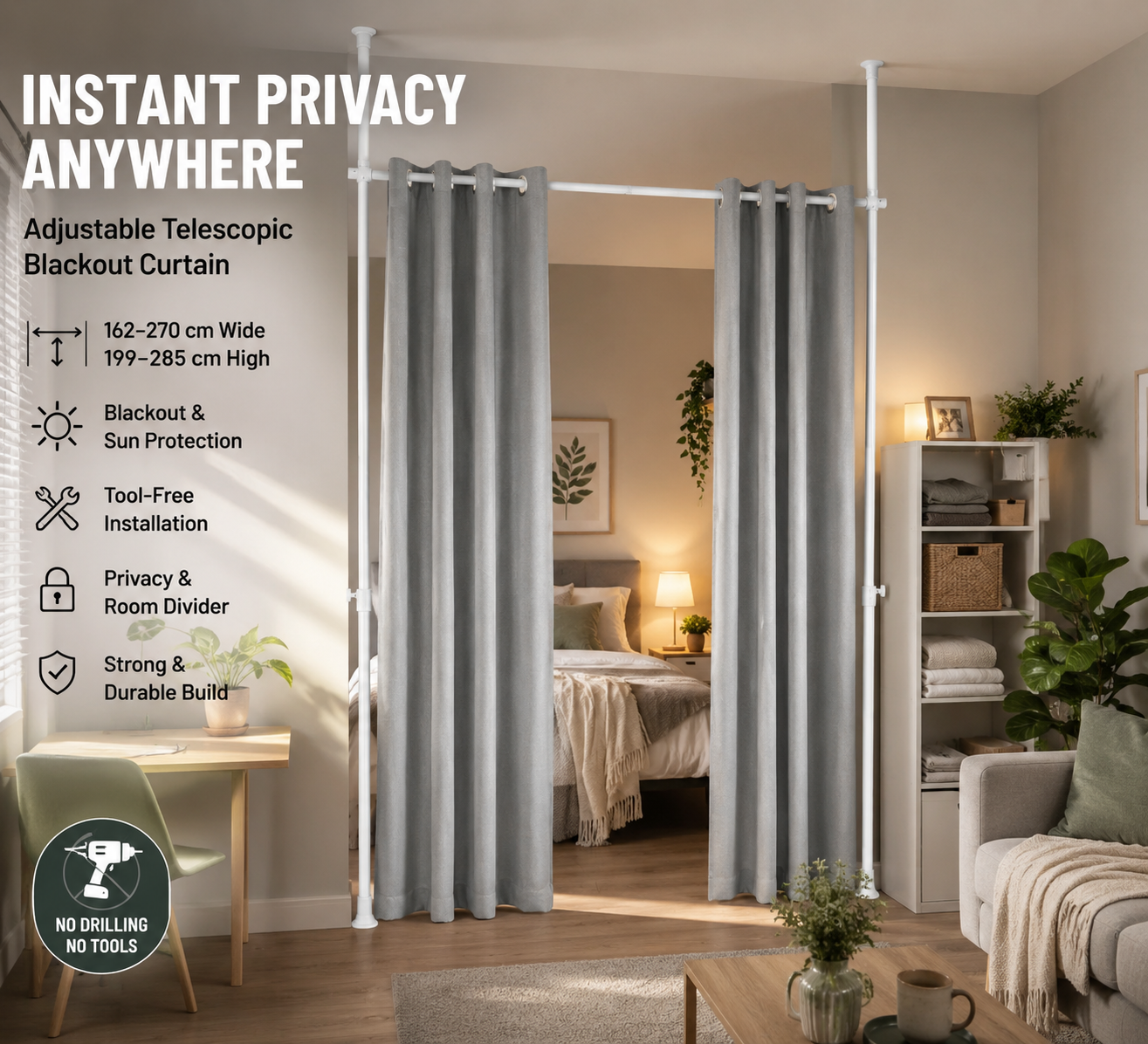 Floor to Ceiling Blackout Curtain with Telescopic Poles