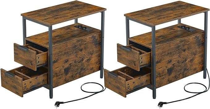Set of 2, Bedside Table with Power Strip, 2 Drawers,