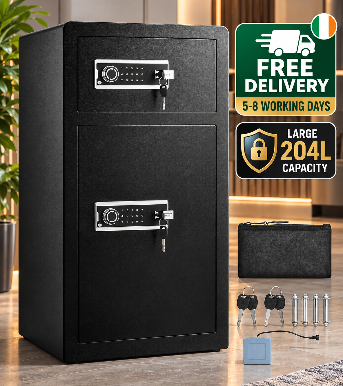 204L Large Dual Door Digital Security Safe with Alarm, Fireproof Bag & Key Rack