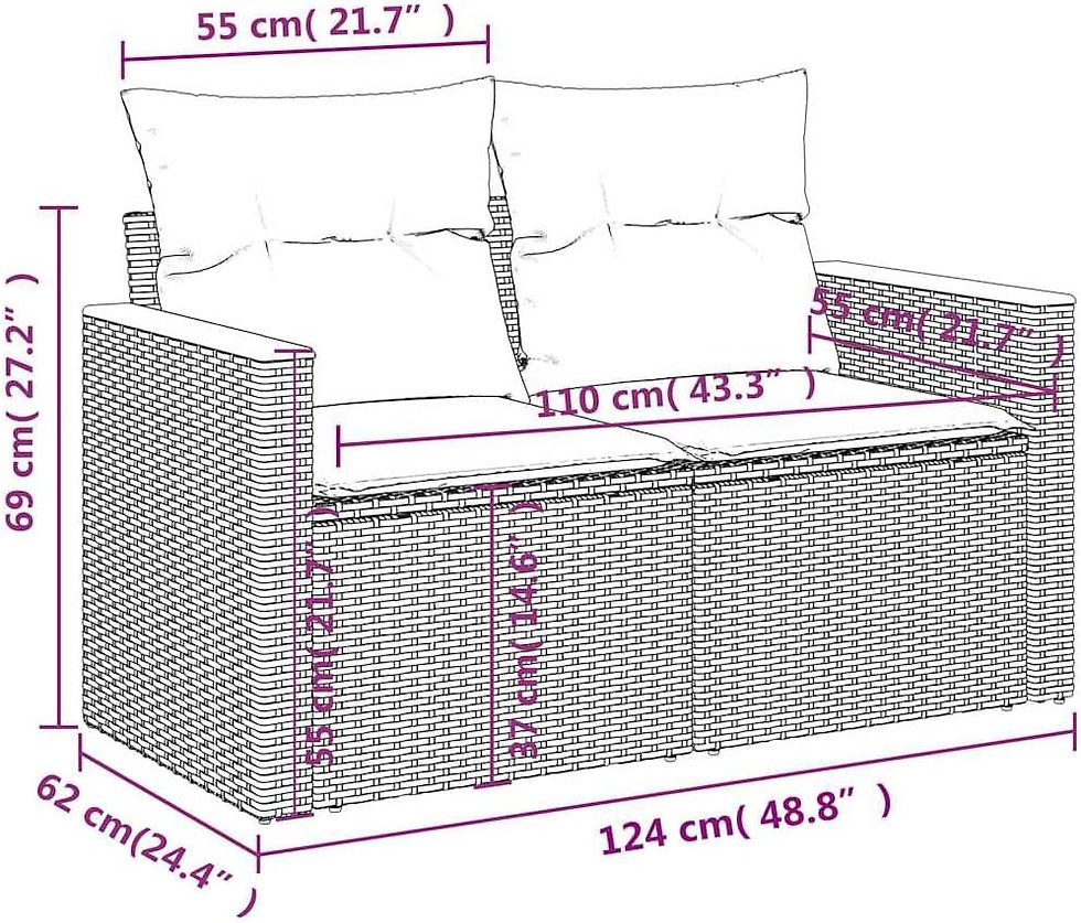 Thumbnail: 2-Seater Garden Sofa Set – Modular Poly Rattan Chairs with Cushions,