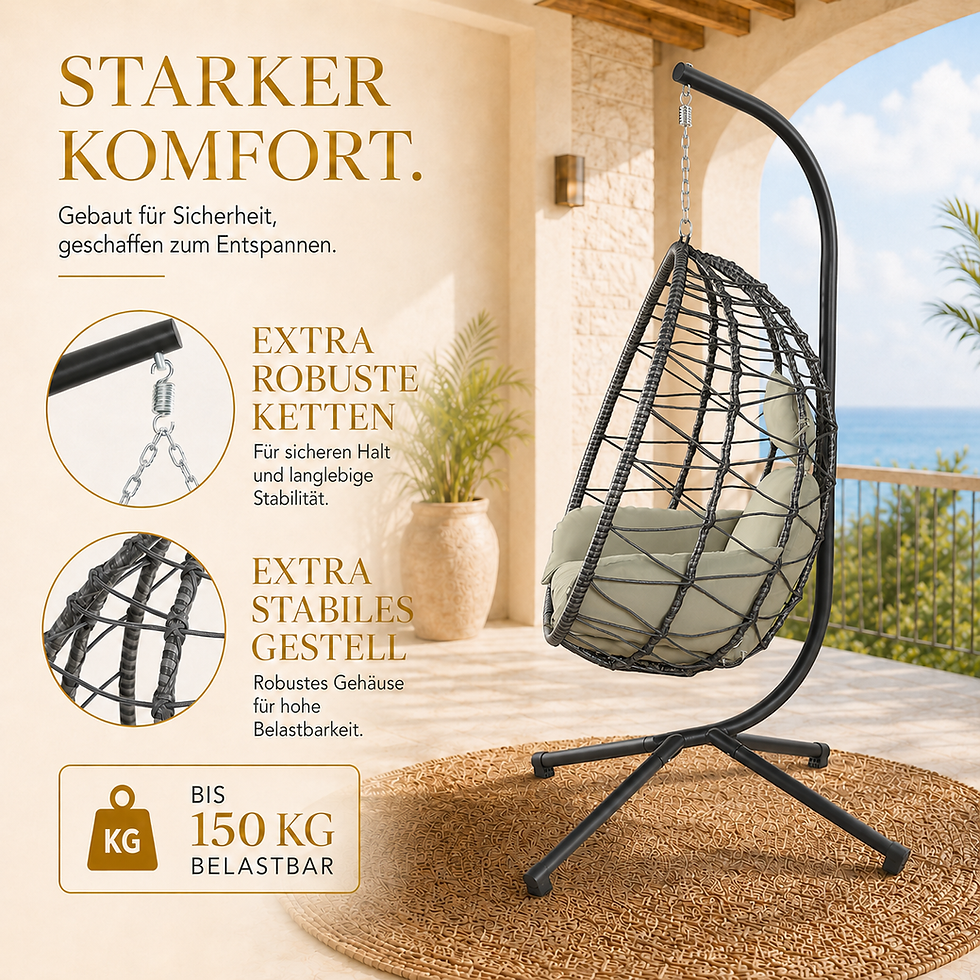 Thumbnail: Hanging Egg Chair with Stand – Foldable Poly Rattan Swing Chair with Cushions