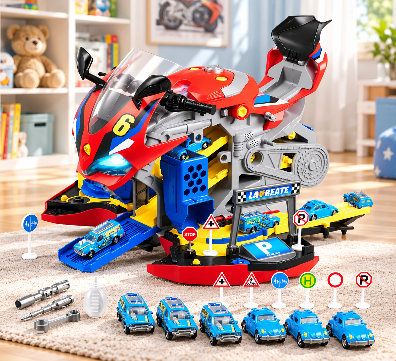 Kids Motorcycle Engine Mechanic Workshop Toy 25 Piece STEM Repair & Racing Set