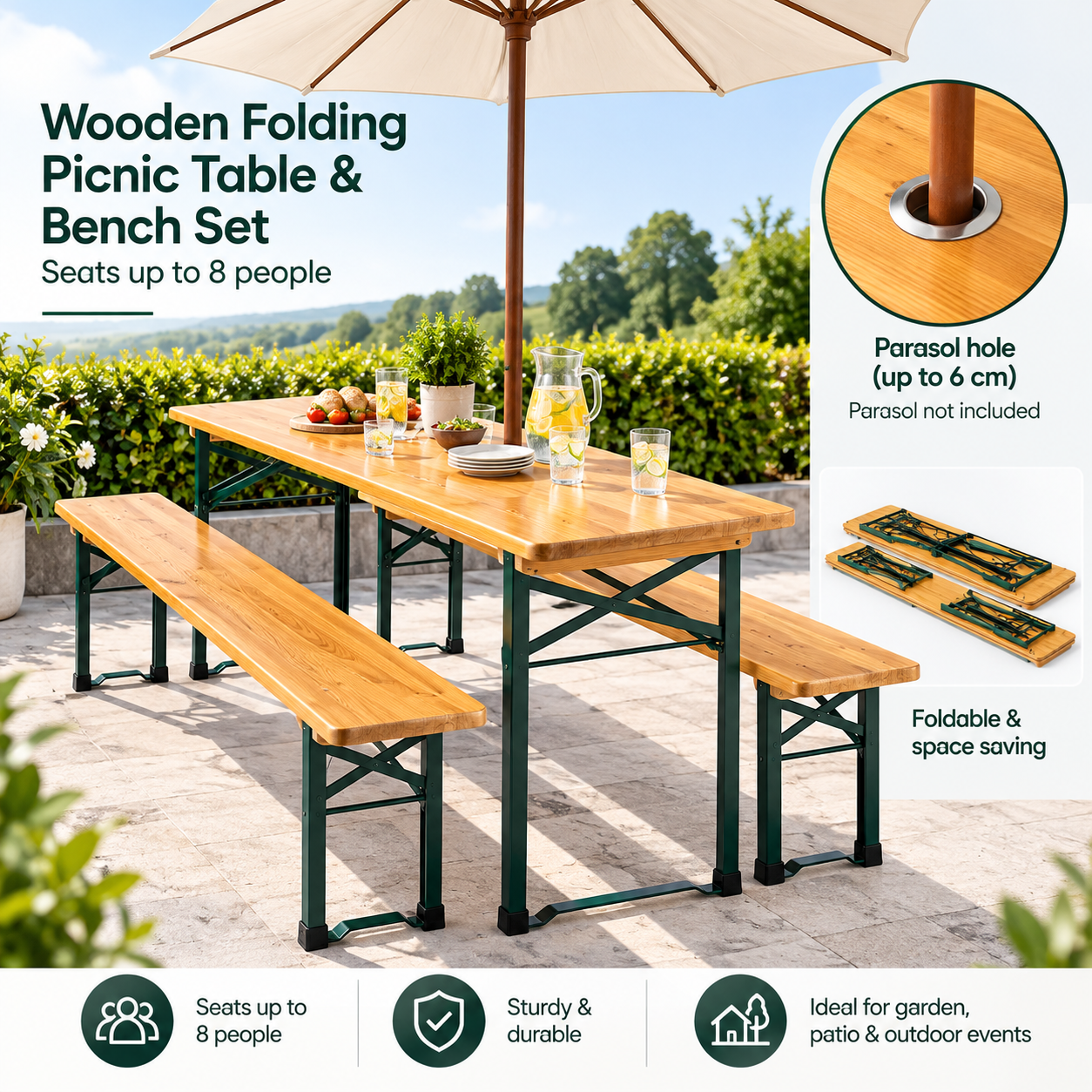 Foldable 3-Piece Beer Garden & Picnic Table Set