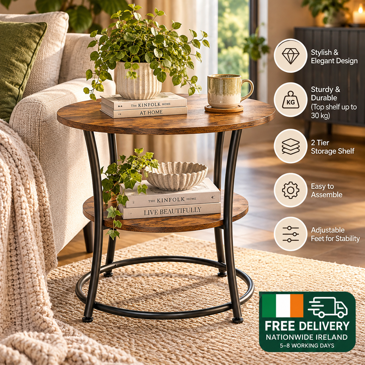 Round Industrial Side Table with 2 Tier Storage Shelf