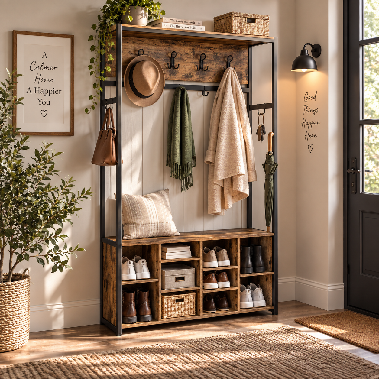 Industrial Coat Rack with Shoe Bench, Storage Shelves & Hooks – 100cm