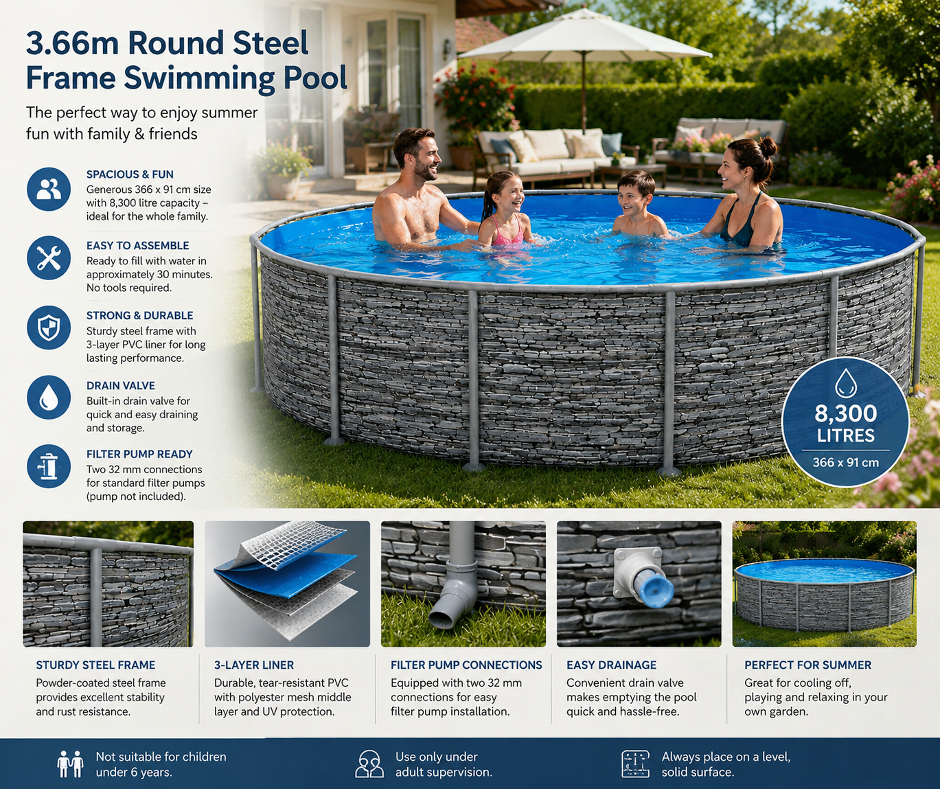 3.66m Round Steel Frame Swimming Pool – 8,300L