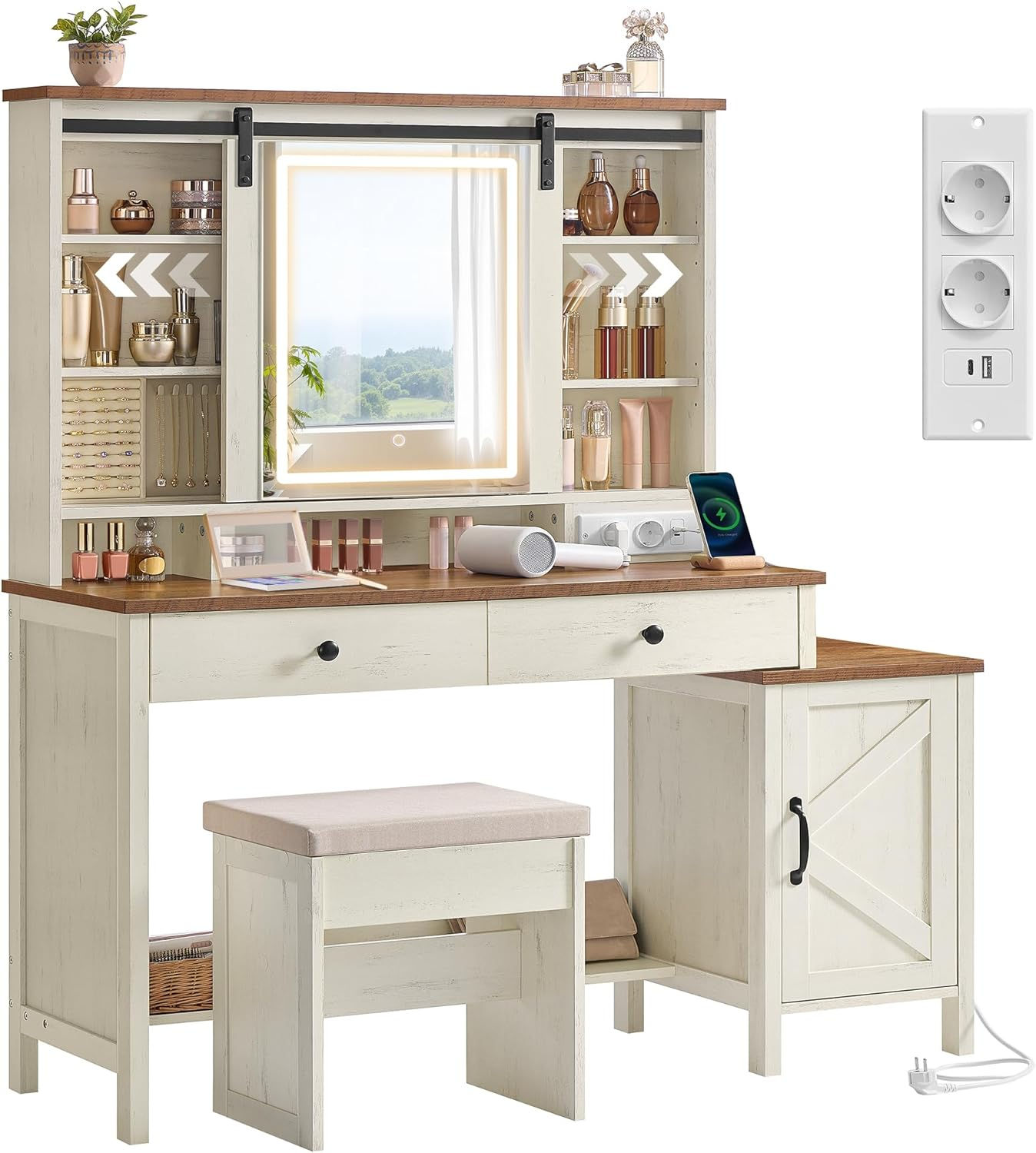 Country Style Dressing Table with Stool Mirror and Storage White Brown