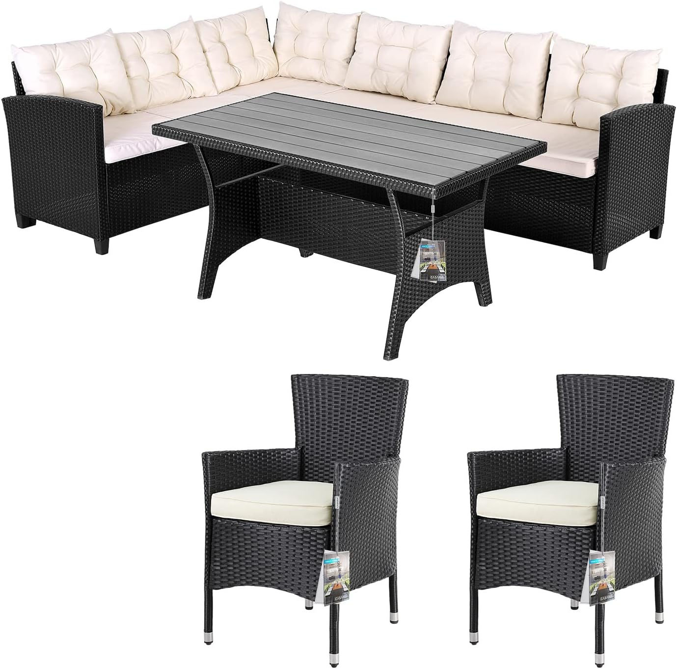 Polyrattan Corner Lounge Set WPC Dining Table Corner Sofa 2 Garden Chairs Seat