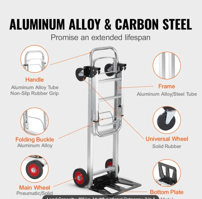 Thumbnail: Aluminum Hand Truck 2 in 1 Heavy Duty Folding Dolly Cart 181kg Capacity