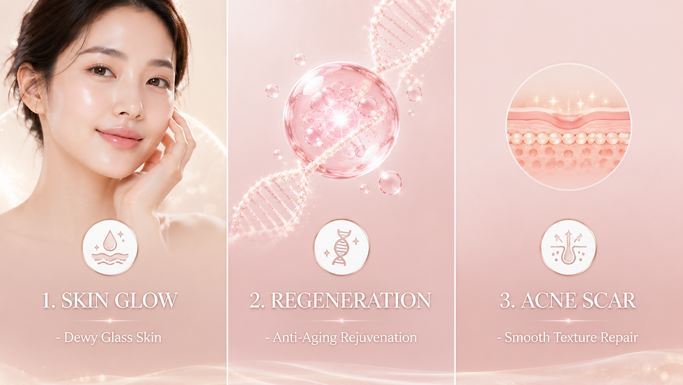 A visual breakdown of the three core outcomes of PN treatment: Skin Glow for dewy glass skin, Regeneration for anti-aging rejuvenation, and Acne Scar for smooth texture repair.