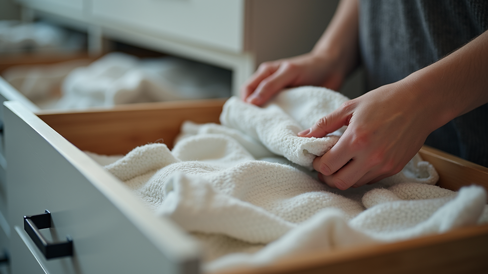 Close-up view of hands folding clothes neatly into a drawer