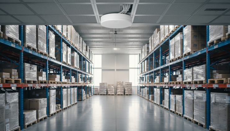 Wide-angle view of a ceiling-mounted wireless access point in a warehouse aisle.
