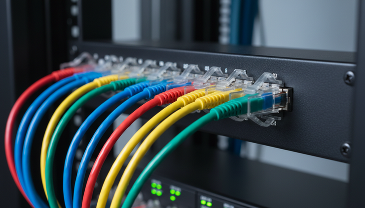 Close-up view of Ethernet cables entering a patch panel with clean terminations