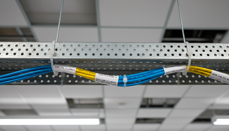 Close-up view of labeled Ethernet cables secured in a metal cable tray.