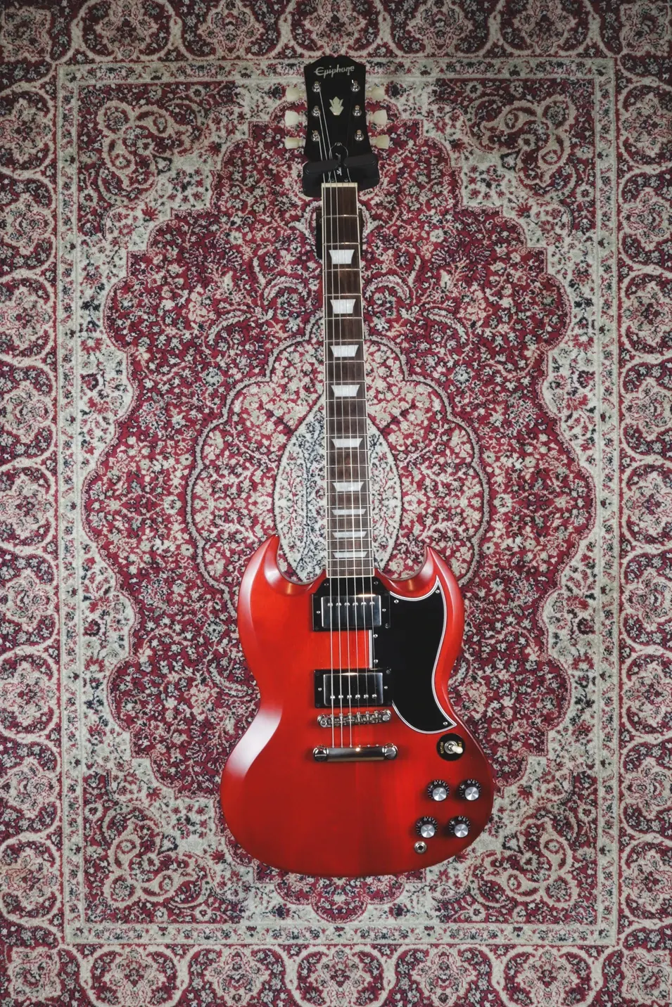 Full front view of Epiphone 1961 Les Paul SG Standard – Aged Sixties Cherry