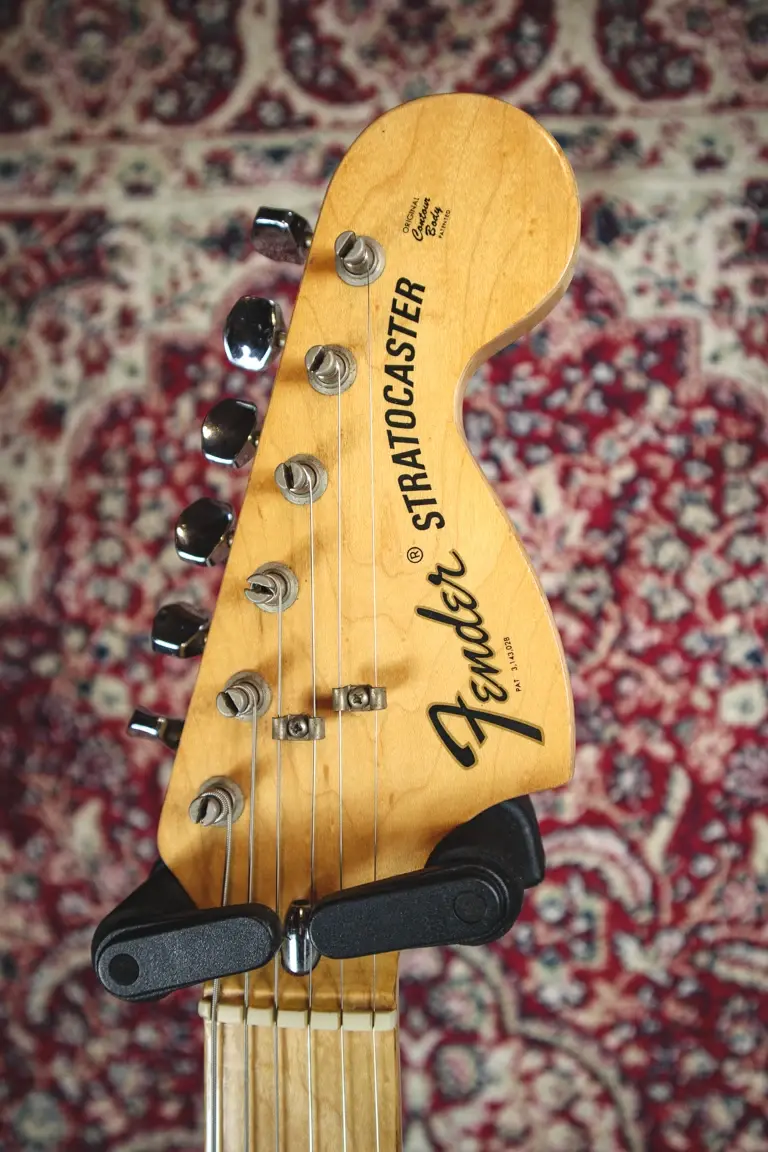 Thumbnail: Headstock with fendwer logo and serial number for 1975 Fender Stratocaster