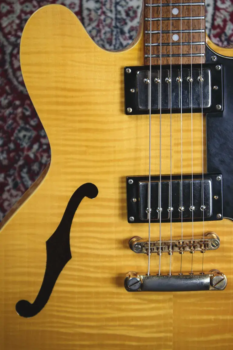 Thumbnail: Soundhole and pickup detail on Epiphone ES-335 Dot Deluxe