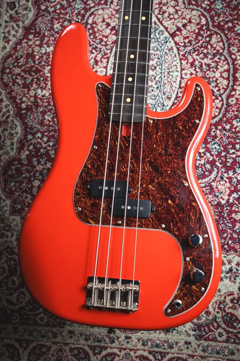 Thumbnail: Vintage Modern MVP4-62 bass body and tortoiseshell pickguard detail