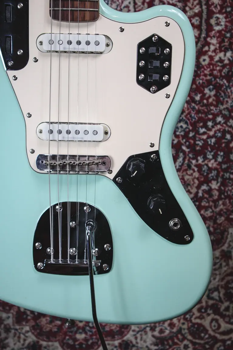 Thumbnail: Lower body close up on Squier Vintage Modified Jaguar, Sea Foam Green