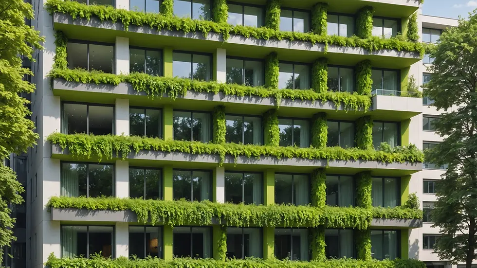 Eye-level view of a sustainable building with green facade