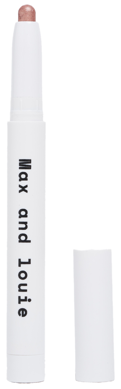 Max and Louie Shadow Stick in a shimmering champagne shade, a creamy vegan eyeshadow stick designed for easy application and long-wear pigment.